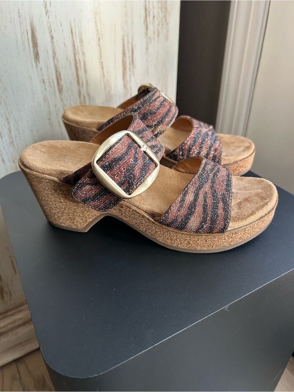 SAS Brown and Black Zebra-Print Wedge Sandals with Gold Buckle